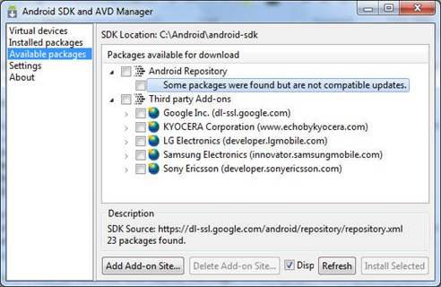 Using Android SDK Manager to download the Android SDK Components 