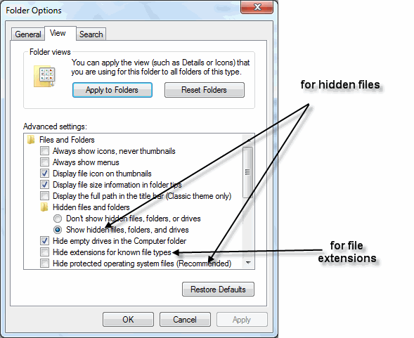 Windows Folder Options - View Settings