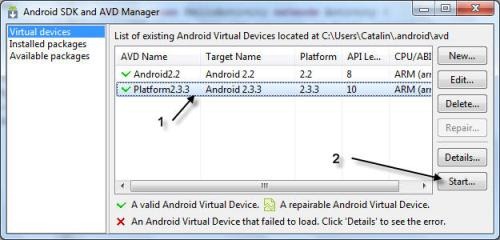 Lansare emulator Android Virtual Device din consola Android SDK and AVD Manager